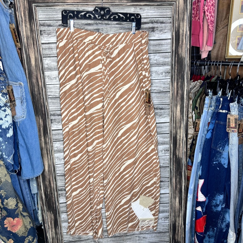 Artisan UpCycled Brown Cream Vintage Animal Print Palazzo wide Leg Pants L Boho
